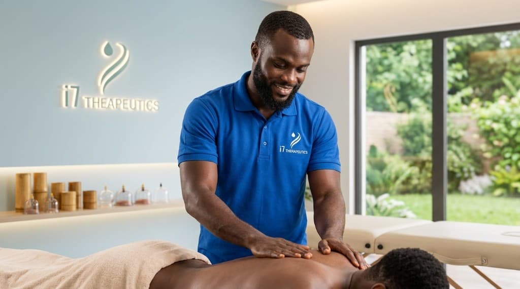 i7 Therapeutics therapist providing calm, personalized healing care in a bright Accra clinic
